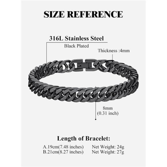 Stainless Black Link Chain Bracelet for Men 7.4/8.2/9 Inch Length Jewelry - Picture 4 of 6